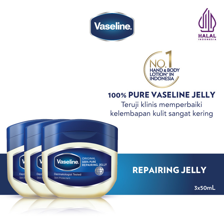 Vaseline Repairing Petroleum Jelly Original Kulit Kering 100% Pure 50Ml x3