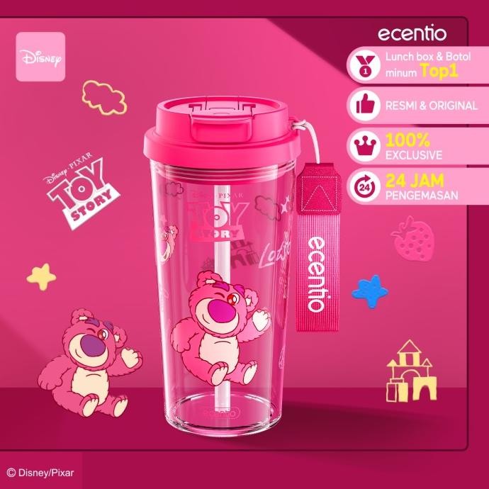 ECENTIO&DISNEY BOTOL MINUM PLASTIK PORTABEL 580ML PINK LOSTO DESAIN EKSKLUSIF BEBAS BPA DENGAN SLANG