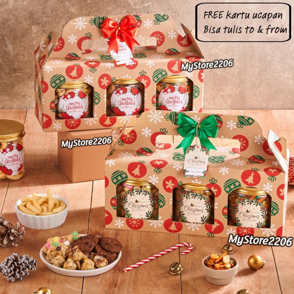 

Hampers Parcel Natal Premium Cookies Kue Kering Chocochips, Gem Rose, Soes Chocolate isi 3 Jar 600ml