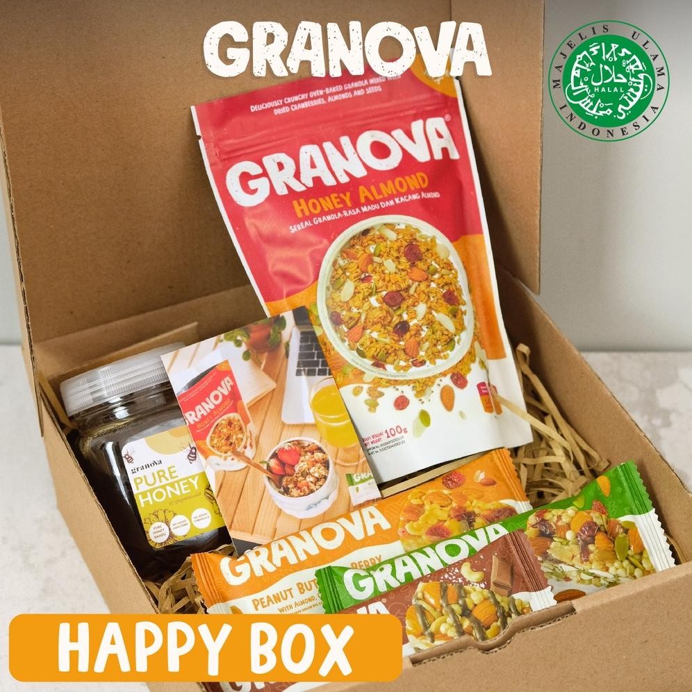 

Granova - Paket Kado / Hampers / Gift Box (1 pc Madu Randu 240gr, 1 pcs Granola 100gr (Pilih Rasa) & 3 pcs Snackbars (Semua Rasa)) - Happy Box
