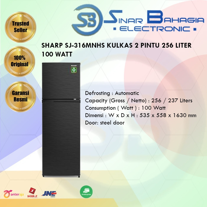 SHARP SJ-316MNHS KULKAS 2 PINTU 256 LITER 100 WATT(NEW)(KHUSUS BANDUNG)