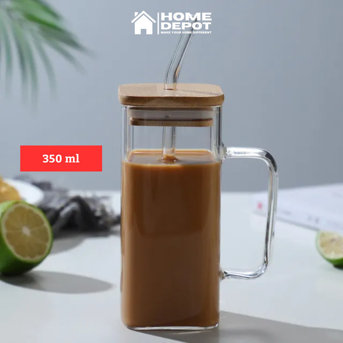 GELAS KACA UNIK KOTAK POLOS BESAR AESTHETIC DENGAN TUTUP SEDOTAN 350ML
