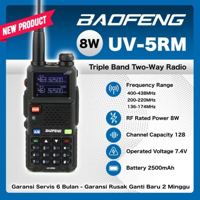 HT BAOFENG BAOFENG UV-5RM 8 Wat / HT Tri Band BAOFENG TERBARU