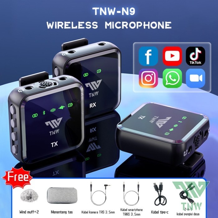 TNW N9/ N8 Pro Wireless 2 Microphone Clip & Mic Hp & Kamera Live Vlog.