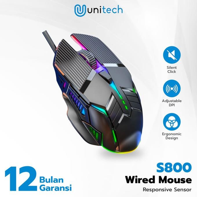 Mouse Gaming Kabel Optical Unitech Colorful Backlight Silent Click Garansi