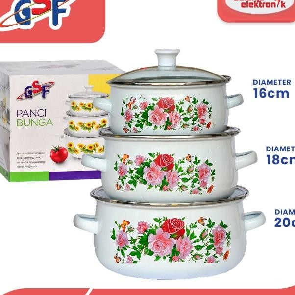 Gsf Panci Enamel Bunga 3 Set Tutup Kaca G-1618