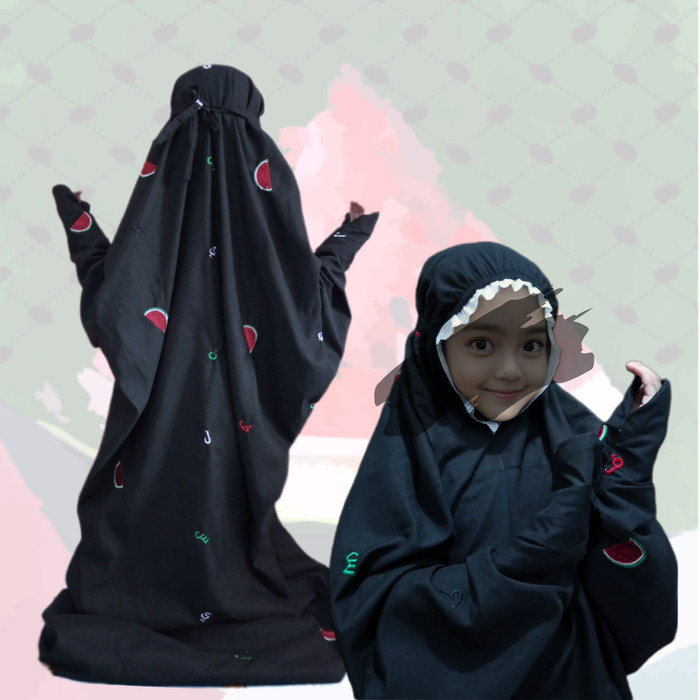 TERLARIS mukena anak terusan semangka Palestina  TK SD SMP remaja - Hitam, SD1