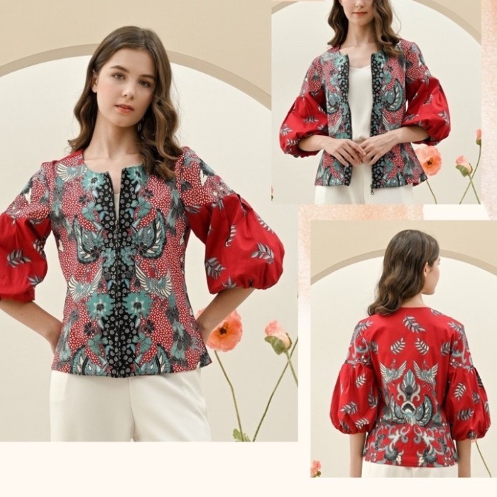 Lellay - Blouse Outer Shanghai Puffy Sleeve Imlek Lunar Qipao Red Cheongsam Hvm