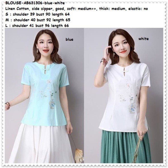 Lellay - Baju Wanita / Baju Wanita Cheongsam Oriental Biru Putih Blouse