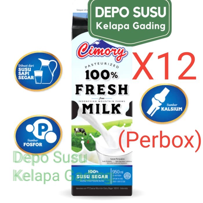 

Susu Cimory 100% Fresh Milk 950ml X12 ( Perkarton ) Pasteurisasi Sapi Segar 950 ml isi 12 pcs