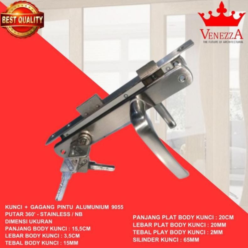 RK JAYA ALUMUNIUM Paket Kunci Pintu Komplit Set Lockcase+Cylinder+Handle 9055 (Kusen 3") "