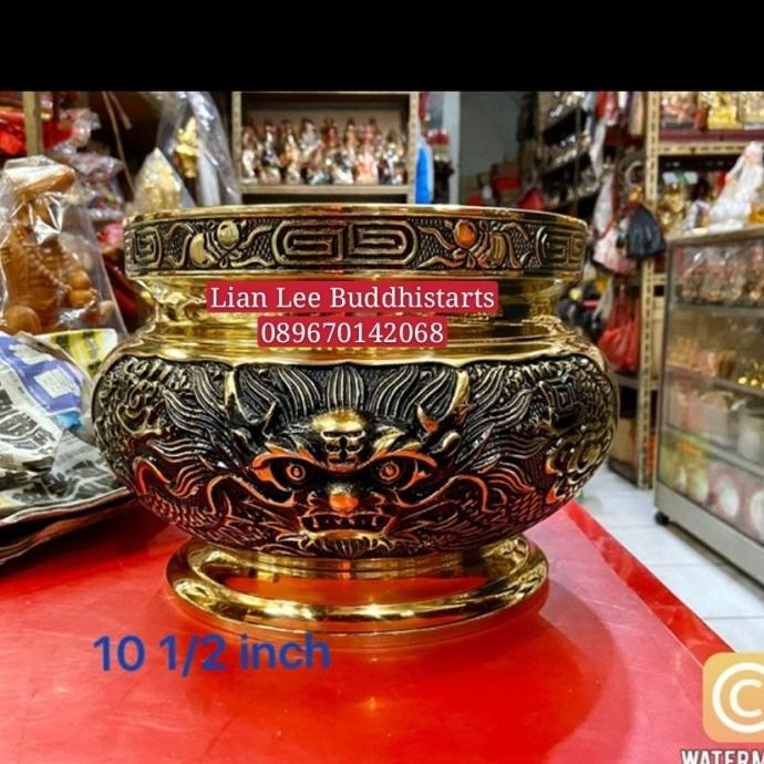 Buruan beli] wadah dupa hiolo logam kuningan crom emas naga uk 10 inch Taiwan
