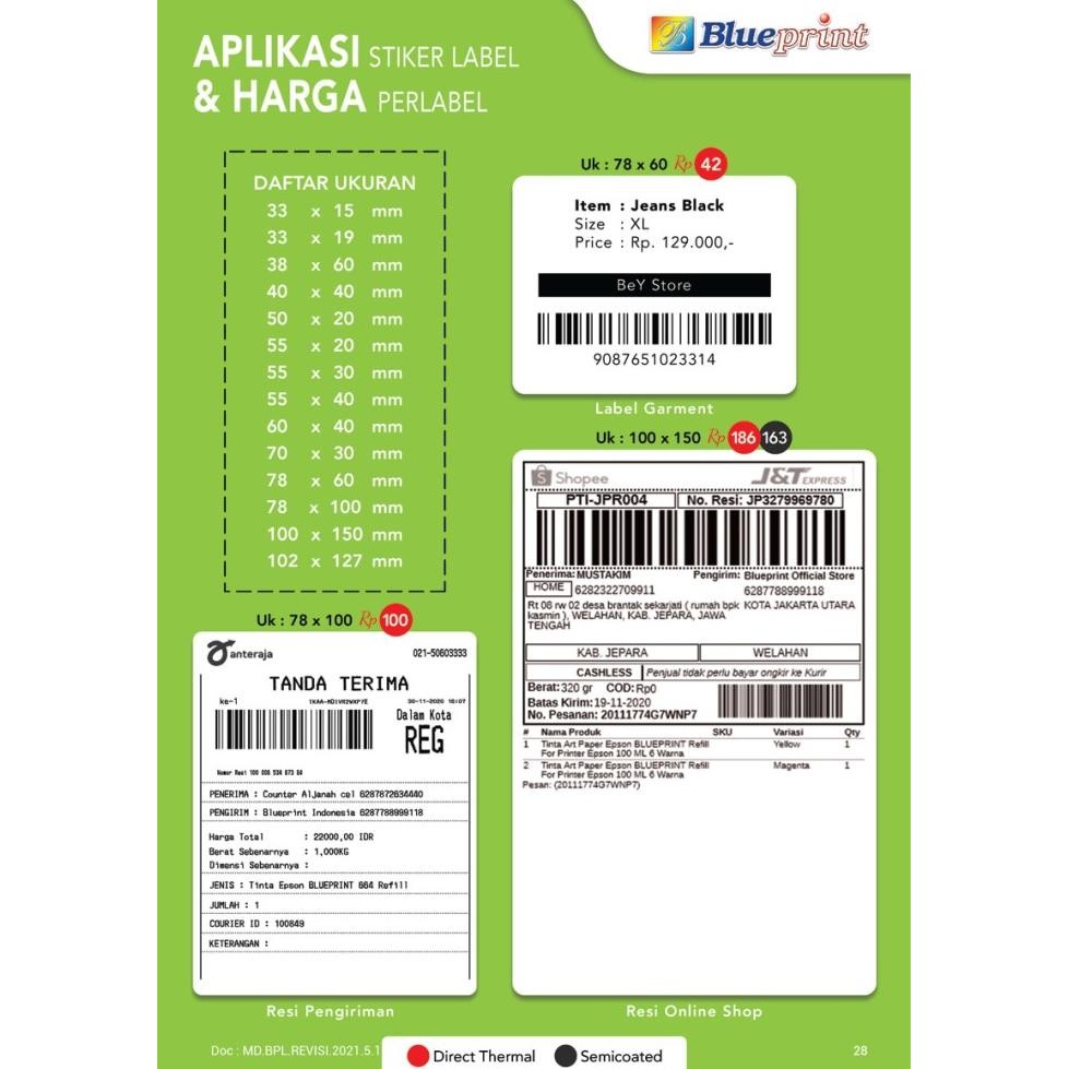 

KERTAS THERMAL STIKER 100X150 BLUEPRINT LITE LABEL 100 X 150 MM 400PCS