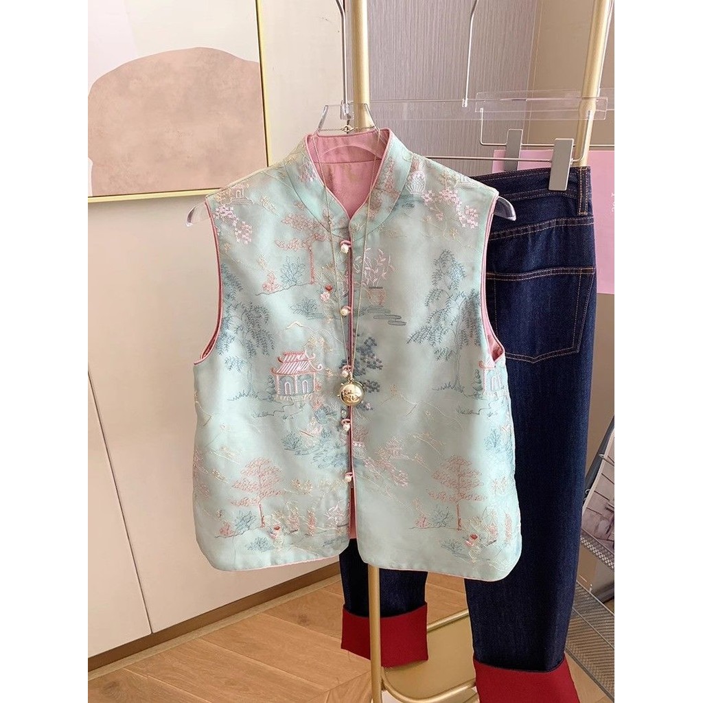 Rompi Tanpa Lengan Gesper Bordir Wanita, Rompi Luar Tanpa Lengan Retro Kelas Atas