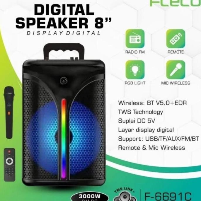 Speaker Portable Fleco F6691C 8ins USB Bluetot FM 1Mic Handle Wireles