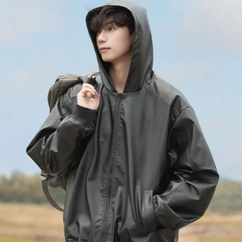 American Retro Leather Jacket Men's Autumn Winter Pleated Loose Hooded Cardigan Jacket Pu Jacket