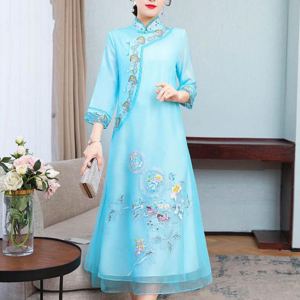 HJK Women's improved cheongsam loose organza embroidered dress