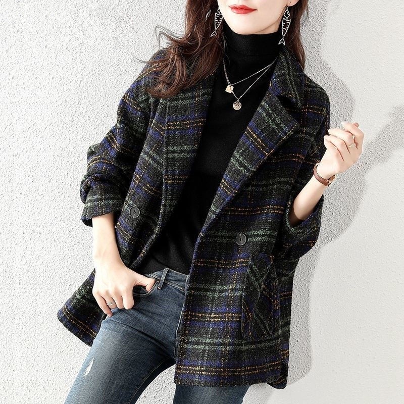 Jaket Tweed Kotak-kotak untuk Wanita Mantel Panjang Mewah Sangat Hangat Blazer Wanita Jas Menjahit P