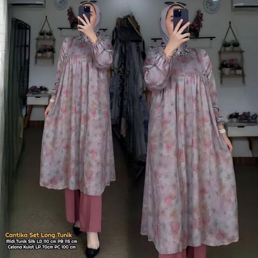 nie cantika set tunik - one set wanita long tunik silk preum setelan wanita kekinian celana kulot