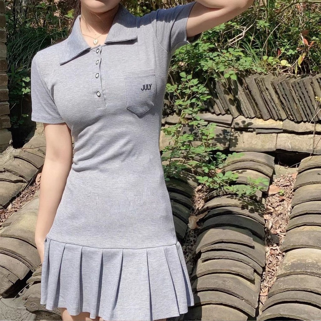 Summer polo Collar Dress Slimming Pleated Skirt Casual Dress