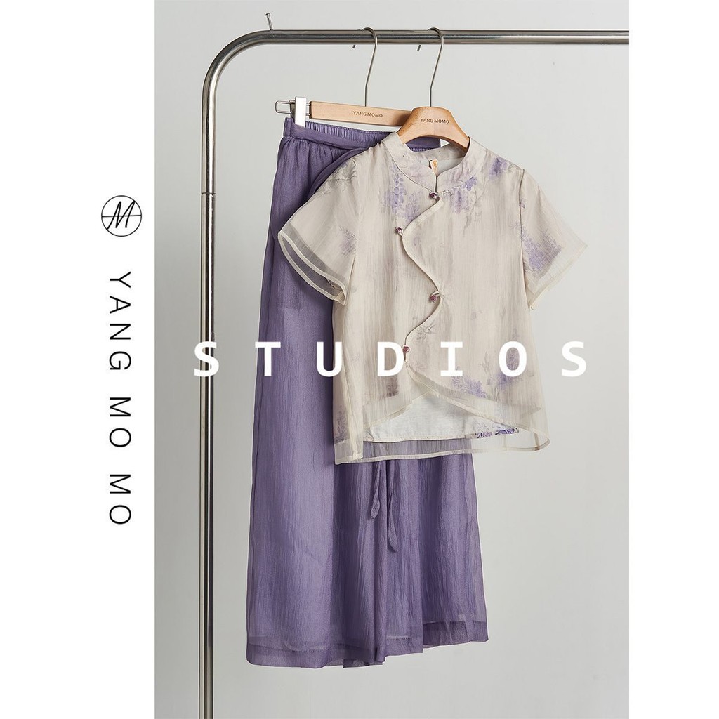 Set Pakaian Hanfu Wanita Baru, Atasan Hanfu Ditingkatkan dengan Celana Kaki Lebar Dua Potong