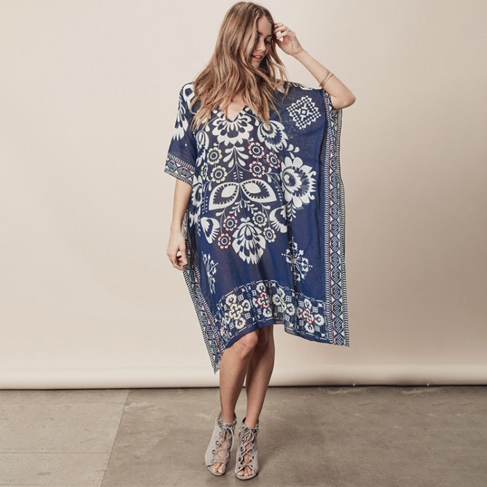 Paling Baik Blue Bohemian Chiffon Bikini Outer Wanita / Mini Dress Cover Up Bikini