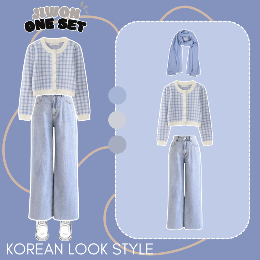 Baju Muslim Halus & Tebal Terbaru Ootd Korean Style 3in1 ( Cardigan Rajut Snow + Celana Jeans +