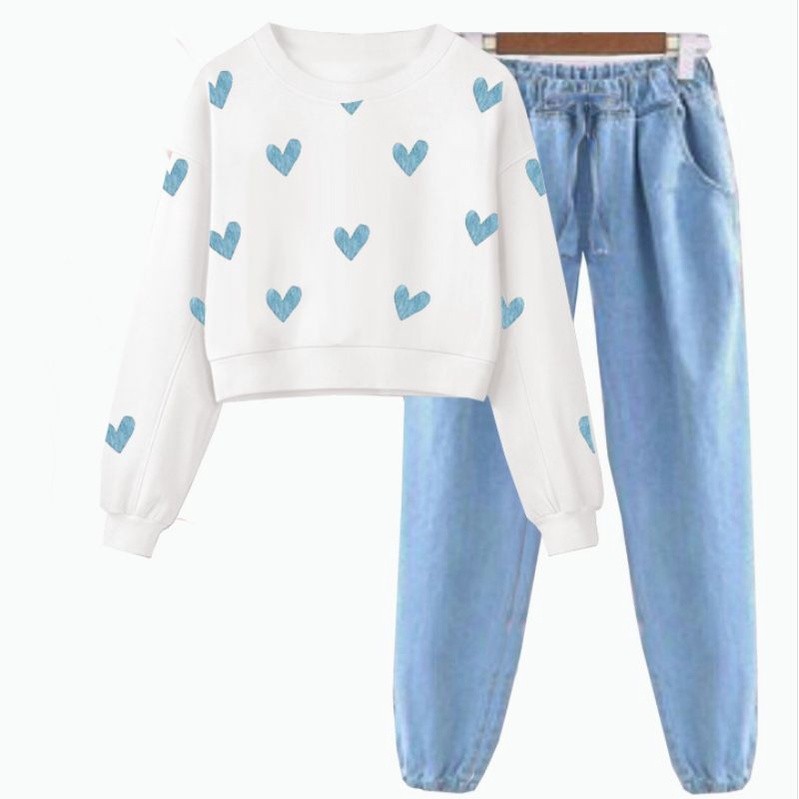 Baju Muslim Anak SETELAN ANAK REMAJA PEREMPUAN BLUE LOVE CELANA DENIM