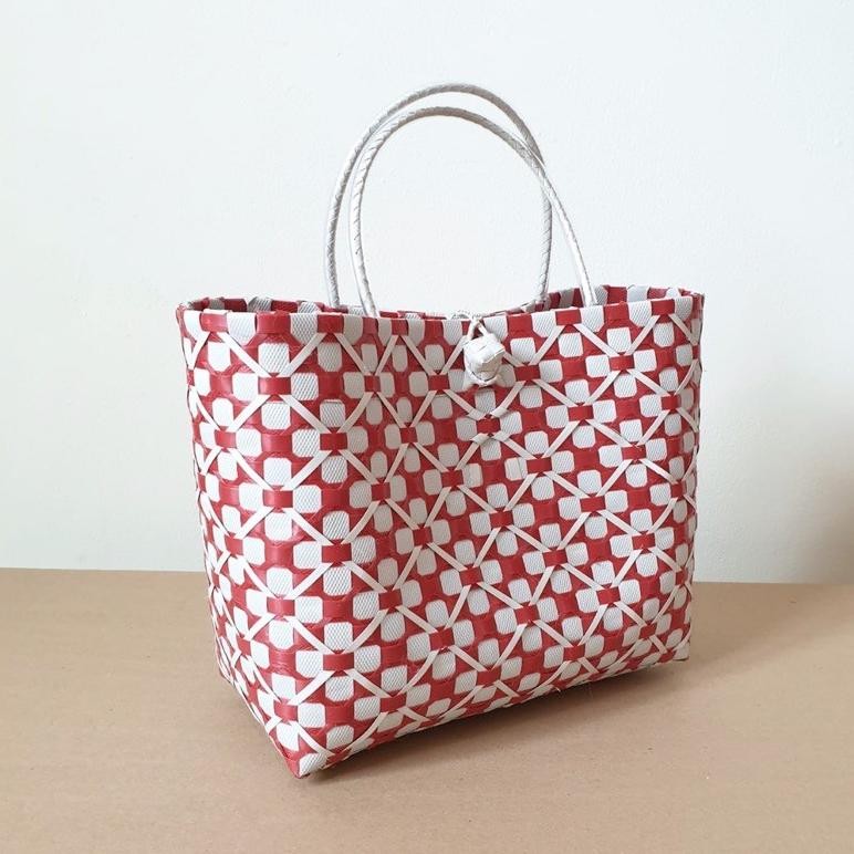 CR - Marla Bag (merah) [L067] - Tas Anyaman Plastik Merah, Tas Hampers Imlek, Tas Parcel Natal, Tas 