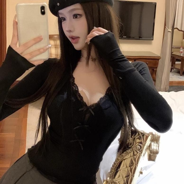 CR - Sexy Lace Crop Top Baju Wanita Korea V-Neck Crop Top Lengan Panjang GA TERLARIS