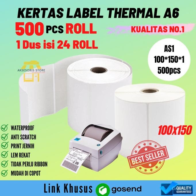 

TERMURAH - KERTAS THERMAL LABEL BARCODE A6 100X150 500PCS ROLL KHUSUS GOSEND
