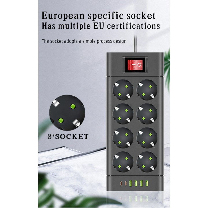 

- OKAYGO Stop Kontak 8 Lubang USB Type C EU Plug 10A 110-250V 2500W - 1115U -