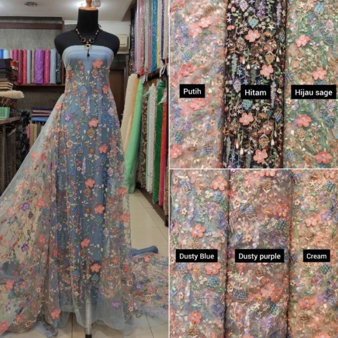 ] Tile Bordir Brokat Bunga 3D Timbul Multicolor Varian