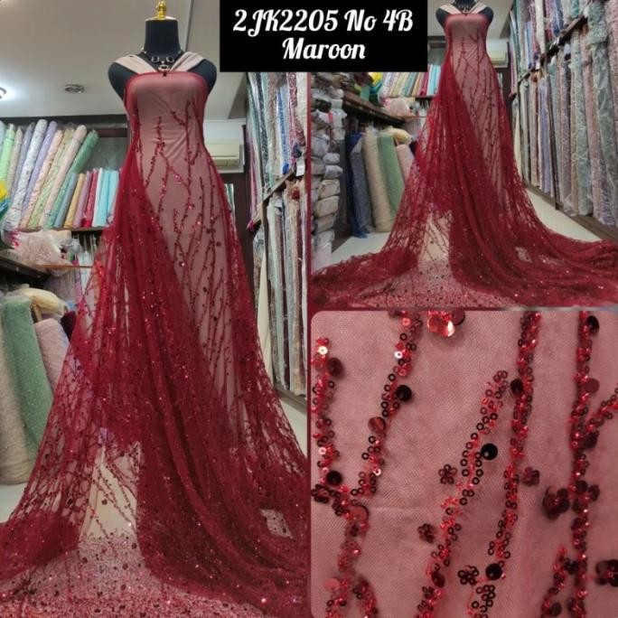 :::::::] Kain Tile Brokat Payet Akar Penuh Zuhair Sequin 2JK2205 No 4B Maroon