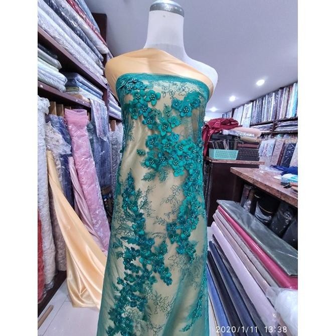 ] PROMO- Kain Tulle Brokat Bunga Timbul Impor Premium - Emerald Hijau