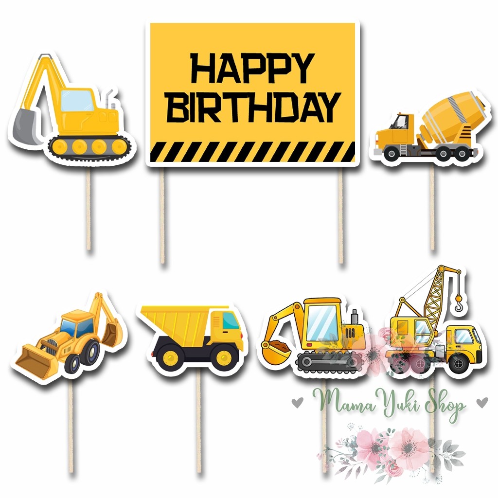 Topper Cake Hiasan Kue Ulang Tahun Anak motif EXCAVATOR KONTRUKSI