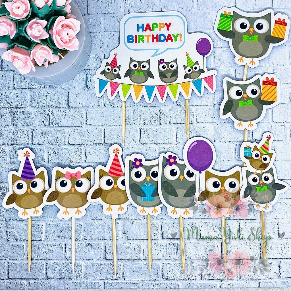 Topper Cake Hiasan Kue Ulang Tahun Anak karakter OWL BROWN Burung Hantu COKLAT Lucu