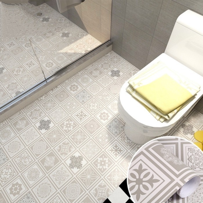 wallpaper sticker lantai dinding kamar mandi anti air batik abu antisl