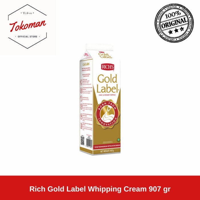 

BERMUTU Rich Gold Label Whipping Cream 907 gr / Rich's Kode 1138