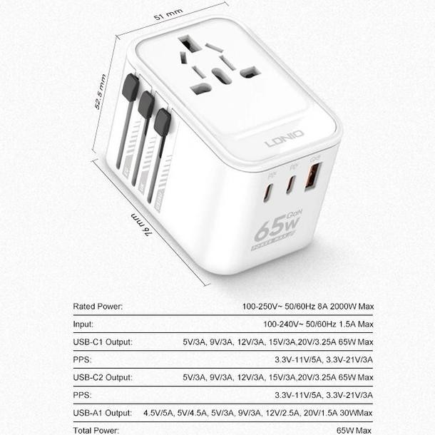 Ldnio Z6 Adapter Univeral Travel 65W Fat Charging Converter Gan