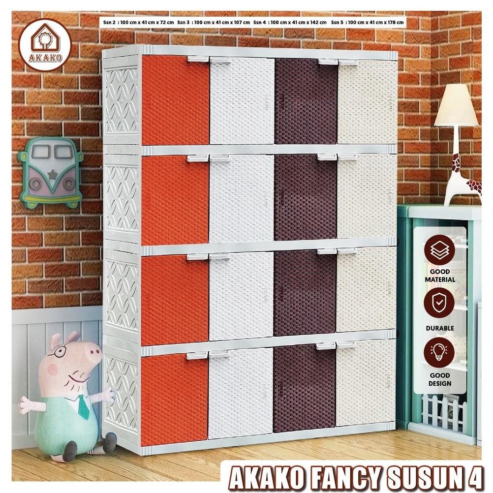Lemari pakaian plastik akako fancy 4 pintu 2 susun 3 susun 4 susun 5 susun warna warni MURAH coklat 
