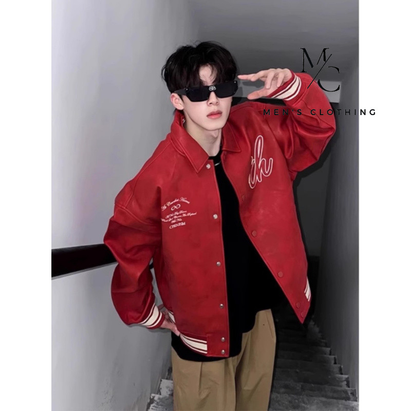 Red Leather Baseball Jacket Men's Motorcycle Clothing American High Street Pilot Jacket