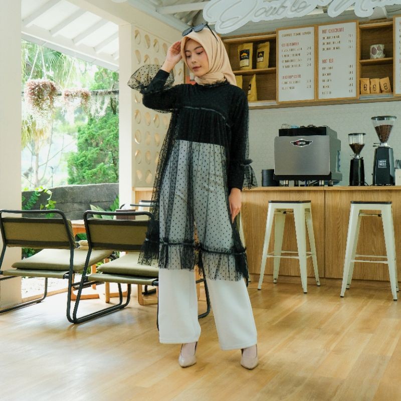 Terbaru MARIA COLLECTION Elmira Outer - Tunik Brukat Tile Polkadot wanita Outfit Kondangan wisuda