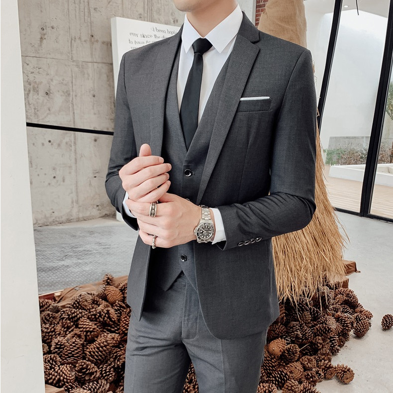 Murah 3 In 1 Set Jas Pria Tuxedo Seri Lis Putih Setelan Jas Pria Formal Jas Blazer Rompi Vest Dan