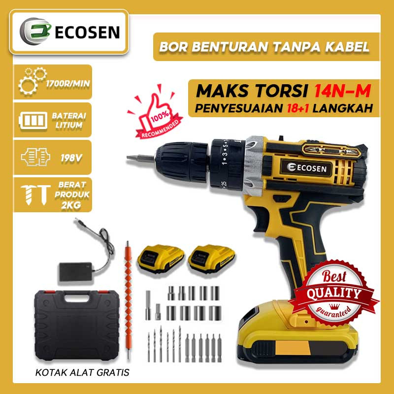 ECOSEN 198V Mesin Bor Baterai Tangan Cordless Drill Battery Drill Cordless Electric Drill Besi Kayu