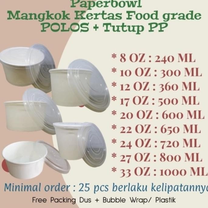 

sale! paperbowl mangkok kertas 8 10 12 17 20 22 24 27 33 oz polos +tutup dus