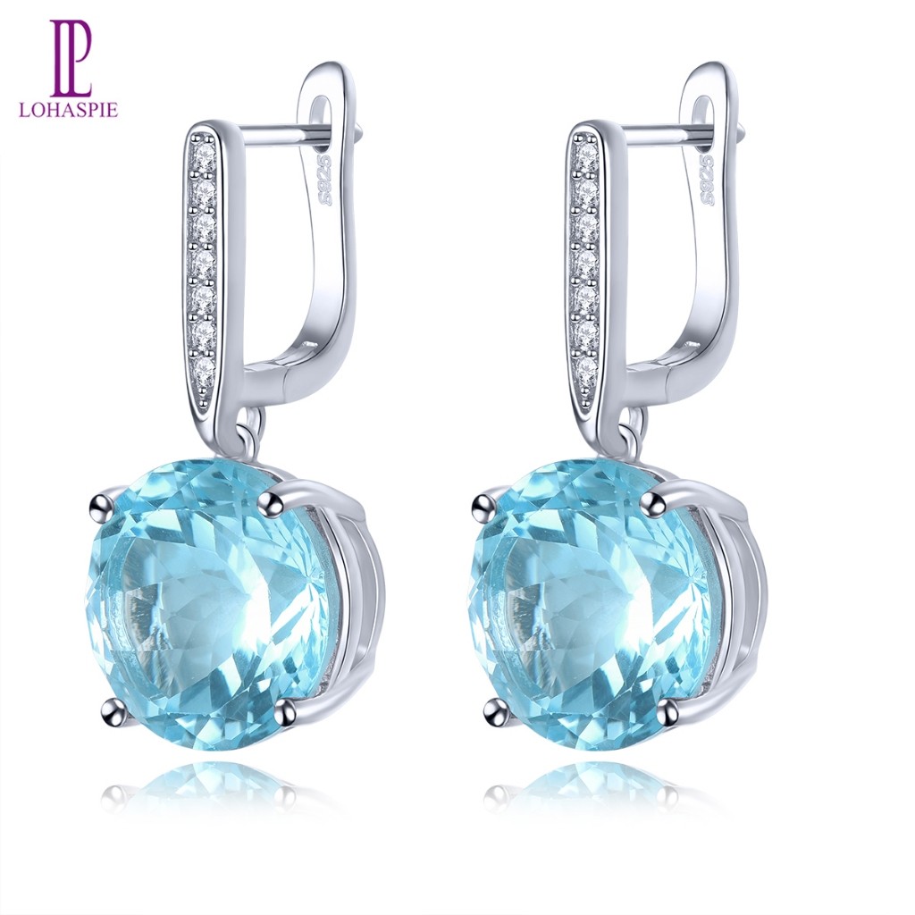Perhiasan Lohaspie Anting Perak 16 Karat Asli 925 Asli Alami Langit Biru Topaz Anting Jepit 925 Pera