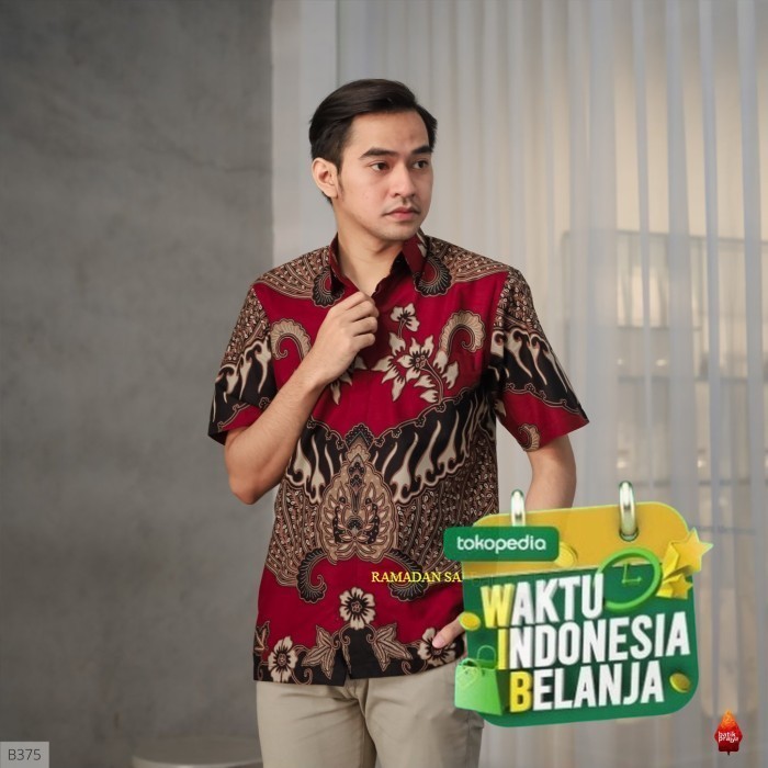 Termurah Baju Batik Pria Pendek Imlek Kantor Modern Baturaden Premium Merah