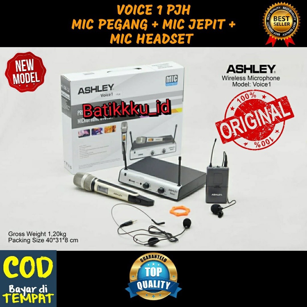 Mic Wireless ASHLEY VOICE 1 VOICE1 ORIGINAL MIC PEGANG + JEPIT + HEADSET PJH