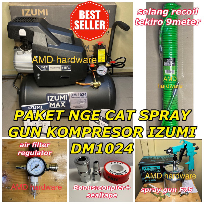 PAKET HEMAT CAT IZUMI DM1024 + Spray Gun + Mesin Kompresor isi Angin Listrik Oli Direct 1HP 24L